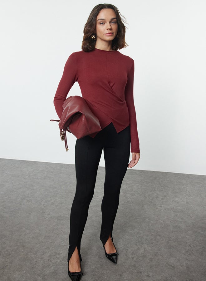 trendyol Burgundy Double Breasted Gathered/Drape Detailed Slim/Fits Body Knitted Blouse TWOAW25BZ00216 - Image 3