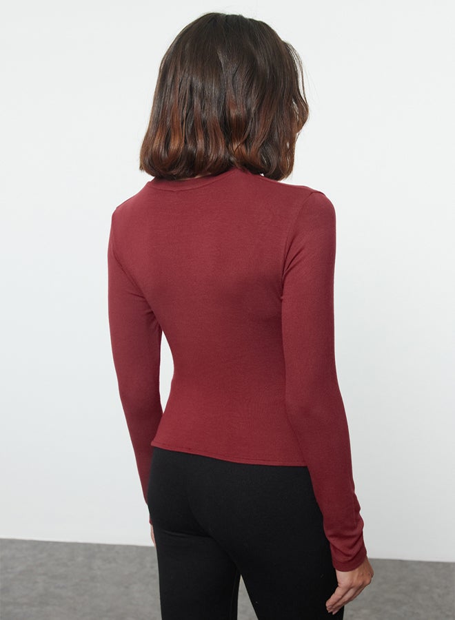 trendyol Burgundy Double Breasted Gathered/Drape Detailed Slim/Fits Body Knitted Blouse TWOAW25BZ00216 - Image 5