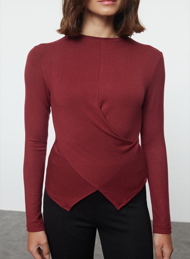 trendyol Burgundy Double Breasted Gathered/Drape Detailed Slim/Fits Body Knitted Blouse TWOAW25BZ00216 - Image 4
