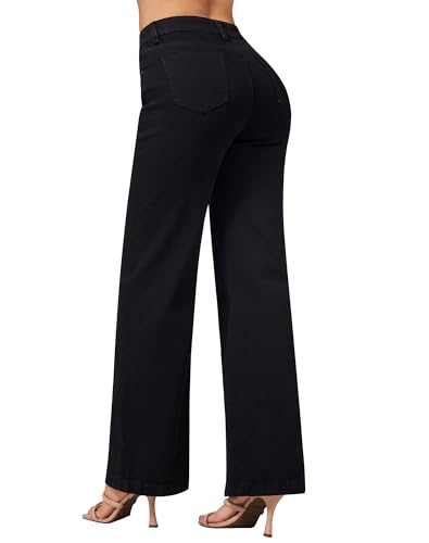 roswear Women's Wide Leg Jeans High Waisted Stretchy Denim Trouser Pants Black Small - Image 2