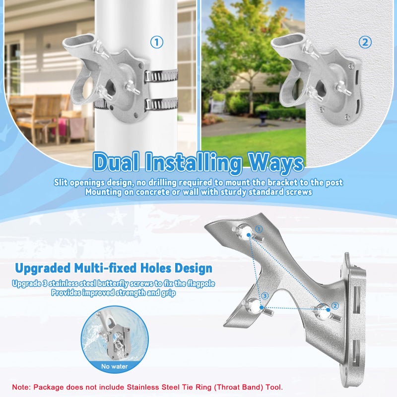 REERON 1" Flag Pole Holder for Outside House, REERON 2-Positions Metal Flagpole Bracket Mounts, Aluminium Rustproof Flag Pole Wall Porch Mounting Brackets with 3 Fixed Holes & Steel Hardwares (Silver-1 Pack) - Image 5
