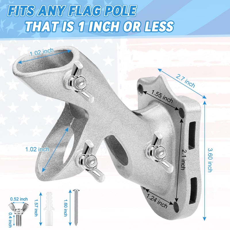 REERON 1" Flag Pole Holder for Outside House, REERON 2-Positions Metal Flagpole Bracket Mounts, Aluminium Rustproof Flag Pole Wall Porch Mounting Brackets with 3 Fixed Holes & Steel Hardwares (Silver-1 Pack) - Image 2
