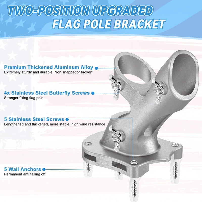 REERON 1" Flag Pole Holder for Outside House, REERON 2-Positions Metal Flagpole Bracket Mounts, Aluminium Rustproof Flag Pole Wall Porch Mounting Brackets with 3 Fixed Holes & Steel Hardwares (Silver-1 Pack) - Image 3