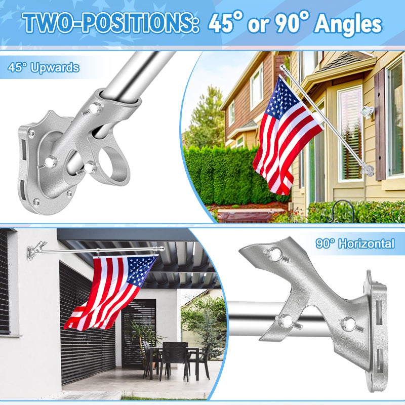 REERON 1" Flag Pole Holder for Outside House, REERON 2-Positions Metal Flagpole Bracket Mounts, Aluminium Rustproof Flag Pole Wall Porch Mounting Brackets with 3 Fixed Holes & Steel Hardwares (Silver-1 Pack) - Image 4