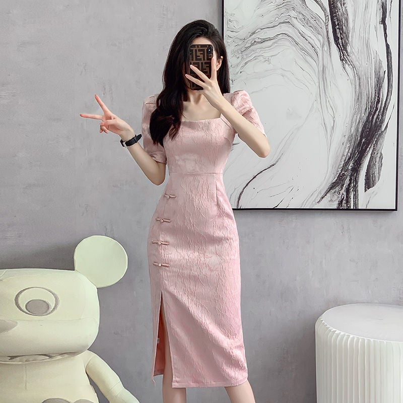 2024 Modified High-end Sense New Chinese Style National Style dress Womens Summer New Elegant Slimming Fashionable Cheongsam Long Dress pink genuine goods jacquard fabric