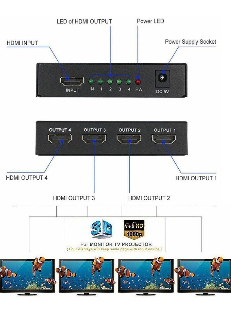 هينغ مقسم HDMI 1 مدخل 4 إخراج 4K Full HD 1080P V1.4 لتنسيق الصوت الرقمي ثلاثي الأبعاد - Image 2