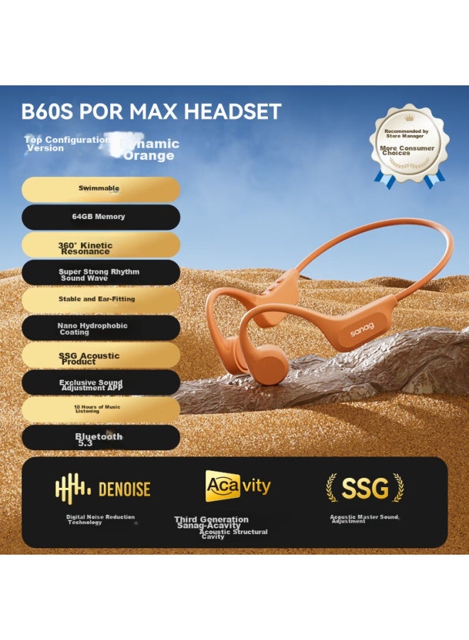 Sanag Saina B60 Bone Conduction Bluetooth Headphones, Open-ear Sports Headphones, Running Cycling Non-in Swimming Headphones, 64gb Orange - Image 1