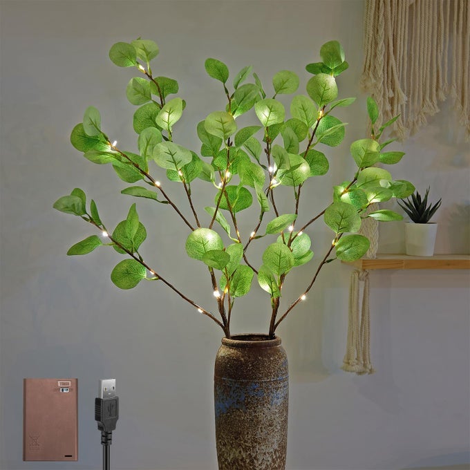 30IN Lighted Eucalyptus Branches 38LED with Timer Battery Operated Lit Artificial Twig for Wedding Holiday Party Christmas Home Decoration Light Green