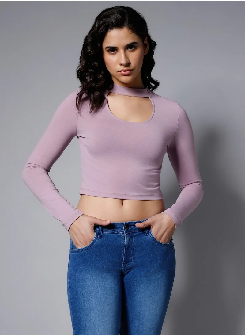 هاي ستار Cropped Lilac Fitted Crop Top for Women