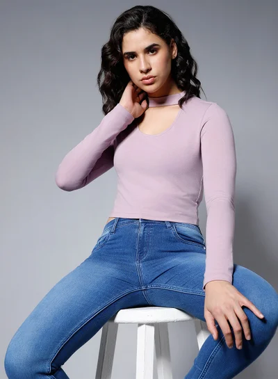 هاي ستار Cropped Lilac Fitted Crop Top for Women