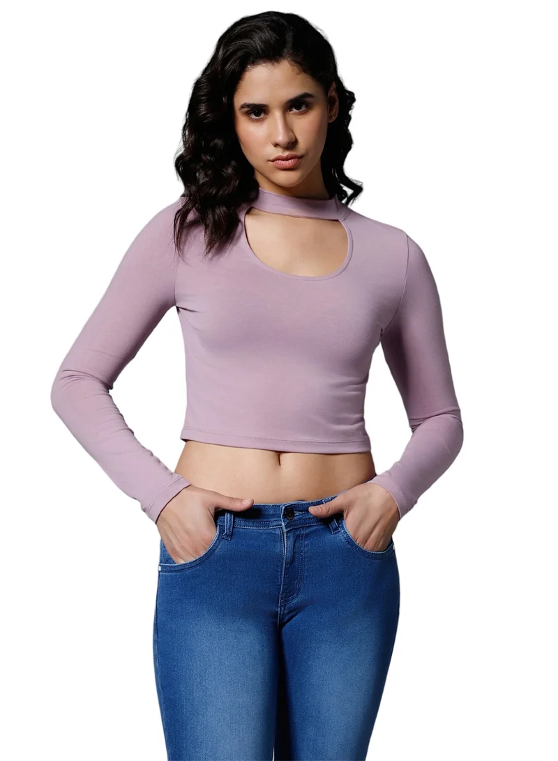 هاي ستار Cropped Lilac Fitted Crop Top for Women