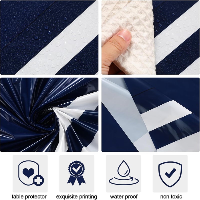Oudain 6 Pcs Striped Tablecloth 108 x 54 Inch Disposable Plastic Table Cloth Waterproof Tablecloth Rectangle Table Cover for Birthday Wedding Bridal Party Supplies (Navy Blue White) - Image 3