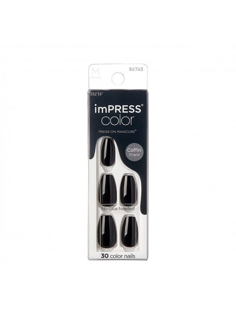 KISS imPRESS Color Press-On Manicure Fake Nails, All Black - Short & Square, Solid Black, Ready To Wear, Chip Proof, Smudge Proof, No Dry Time, Mini File & More | 30 Count