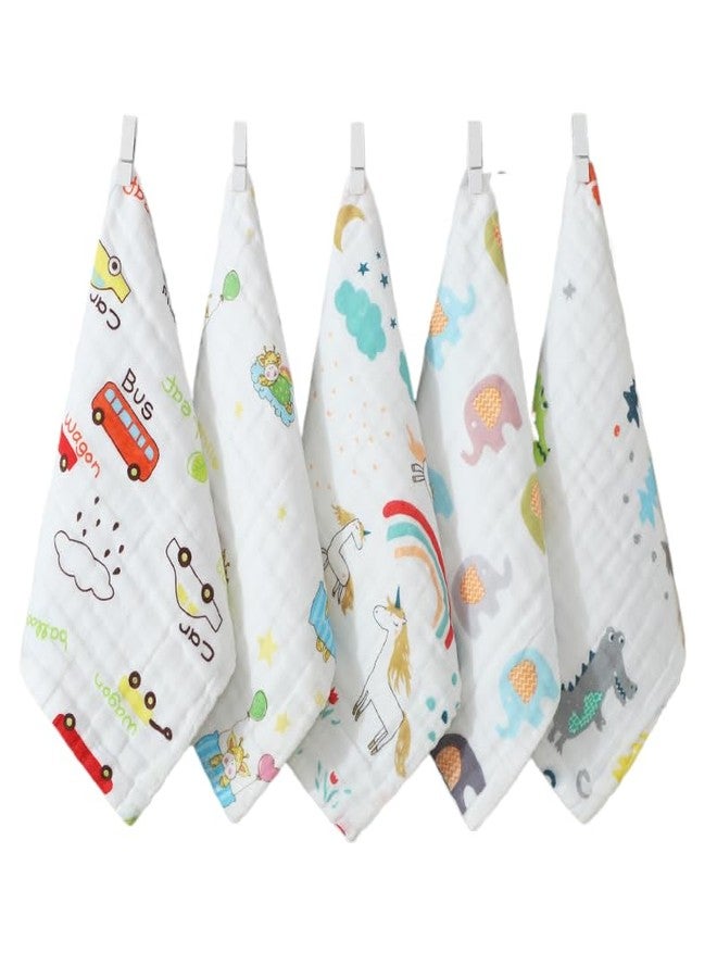 ZAPLES Muslin 6 Layers Cotton 100% Organic Muslin Cotton Wash Cloth Face Towels for Newborn Baby Extra Soft Hankies Reusable Napkins for Infants Toddlers (Pack of 5) White Mix Prints - Image 1