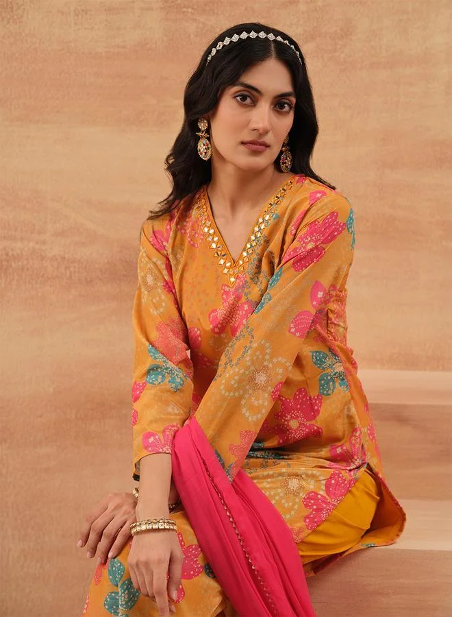 ISHIN Women's Mustard Chinon Printed Tunic Top With Ankle Palazzo Straight 3 Peice Kurta Set