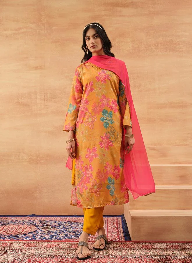 ISHIN Women's Mustard Chinon Printed Tunic Top With Ankle Palazzo Straight 3 Peice Kurta Set