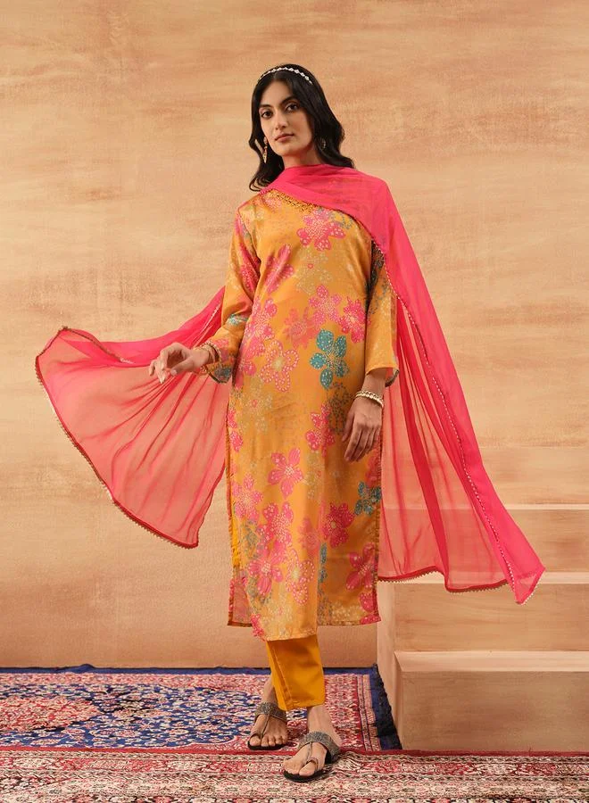 ISHIN Women's Mustard Chinon Printed Tunic Top With Ankle Palazzo Straight 3 Peice Kurta Set
