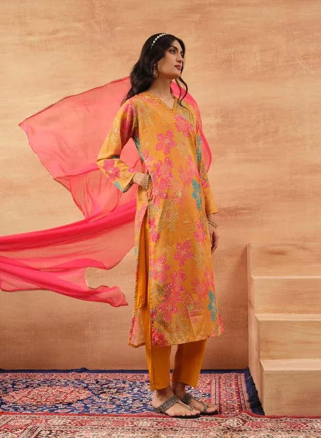 ISHIN Women's Mustard Chinon Printed Tunic Top With Ankle Palazzo Straight 3 Peice Kurta Set