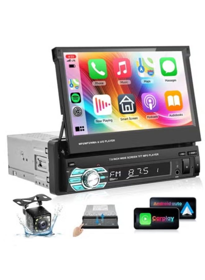 Single Din Car Stereo Radio with AppIe Carplay Android Auto Airplay MirrorLink, 7inch 1080P Flip Out Car Radio Bluetooth FM Radio HD Backup Camera,2.0 USB,TF Card,AUX-in Ports,Support SWC