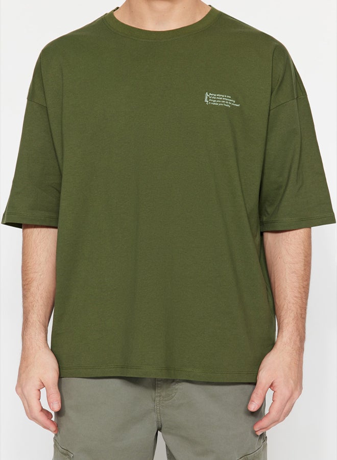 trendyol Khaki Oversize/Wide Cut 100% Cotton Crew Neck Minimal Text Printed T-Shirt TMNSS23TS00084 - Image 4