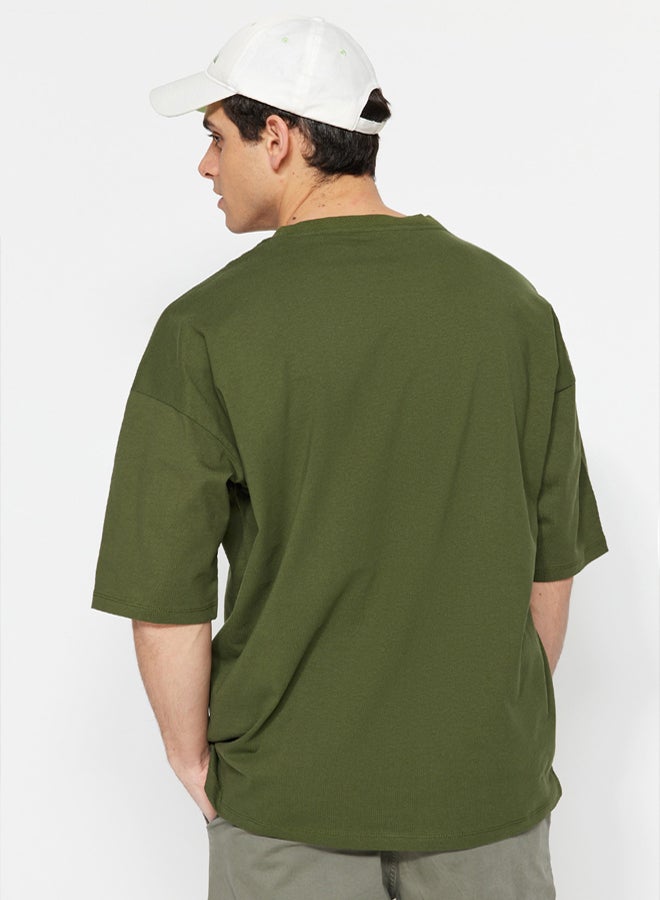 trendyol Khaki Oversize/Wide Cut 100% Cotton Crew Neck Minimal Text Printed T-Shirt TMNSS23TS00084 - Image 2