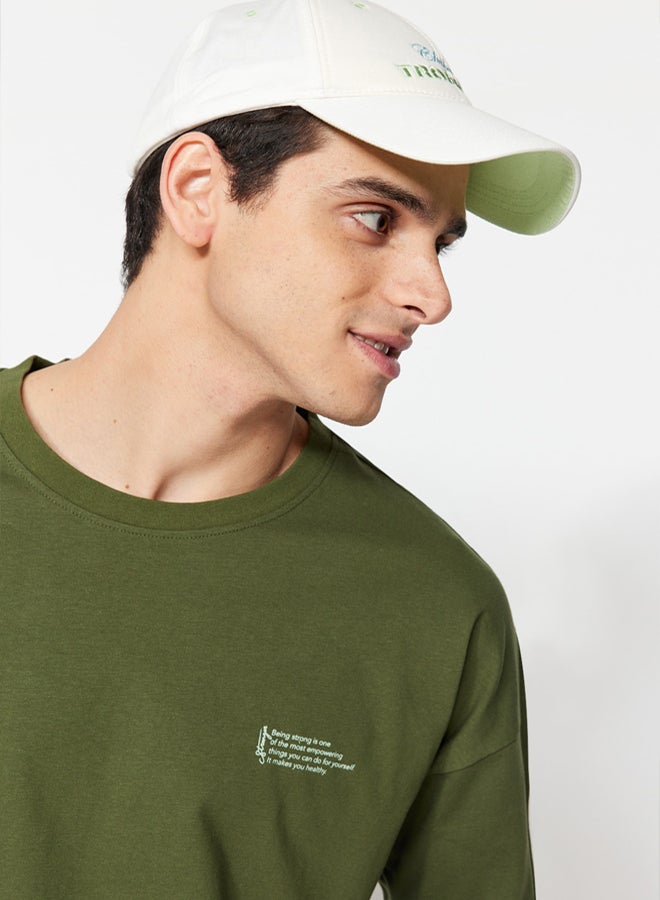 trendyol Khaki Oversize/Wide Cut 100% Cotton Crew Neck Minimal Text Printed T-Shirt TMNSS23TS00084 - Image 3