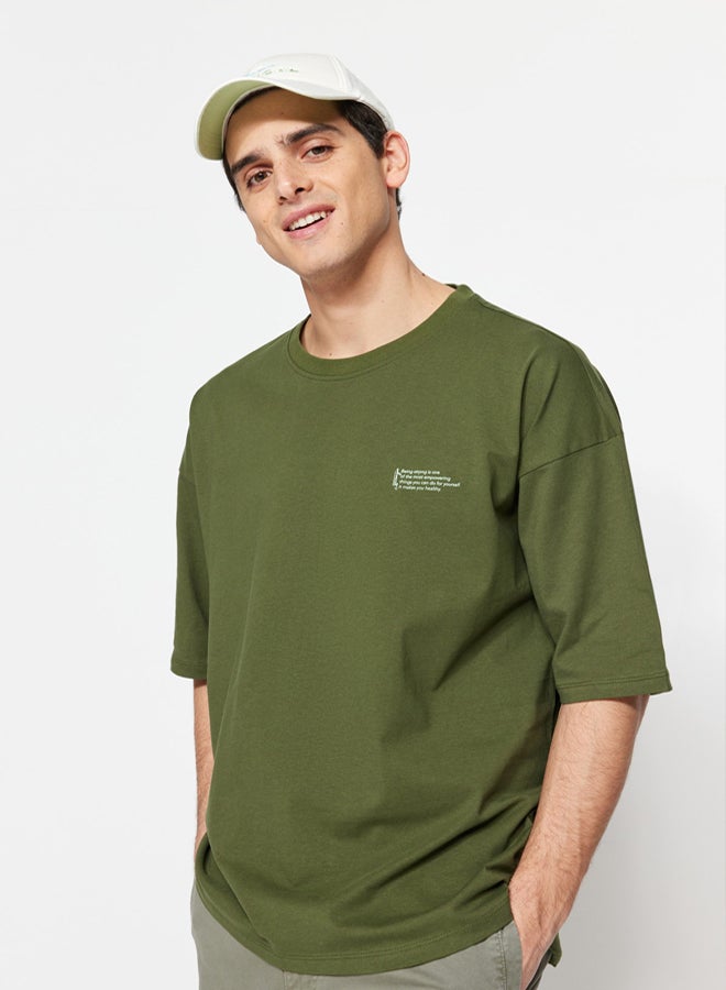 trendyol Khaki Oversize/Wide Cut 100% Cotton Crew Neck Minimal Text Printed T-Shirt TMNSS23TS00084 - Image 1