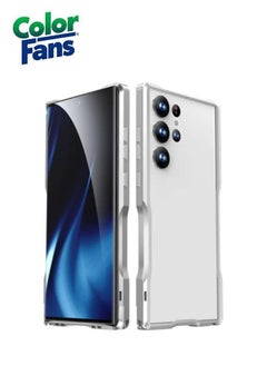 جراب Samsung Galaxy S24 Ultra Slim المصنوع من الألومنيوم، مع مصد معدني مع مصد داخلي ناعم، لا يتداخل مع الإشارة ويدعم الشحن اللاسلكي، تصميم رائع - فضي
