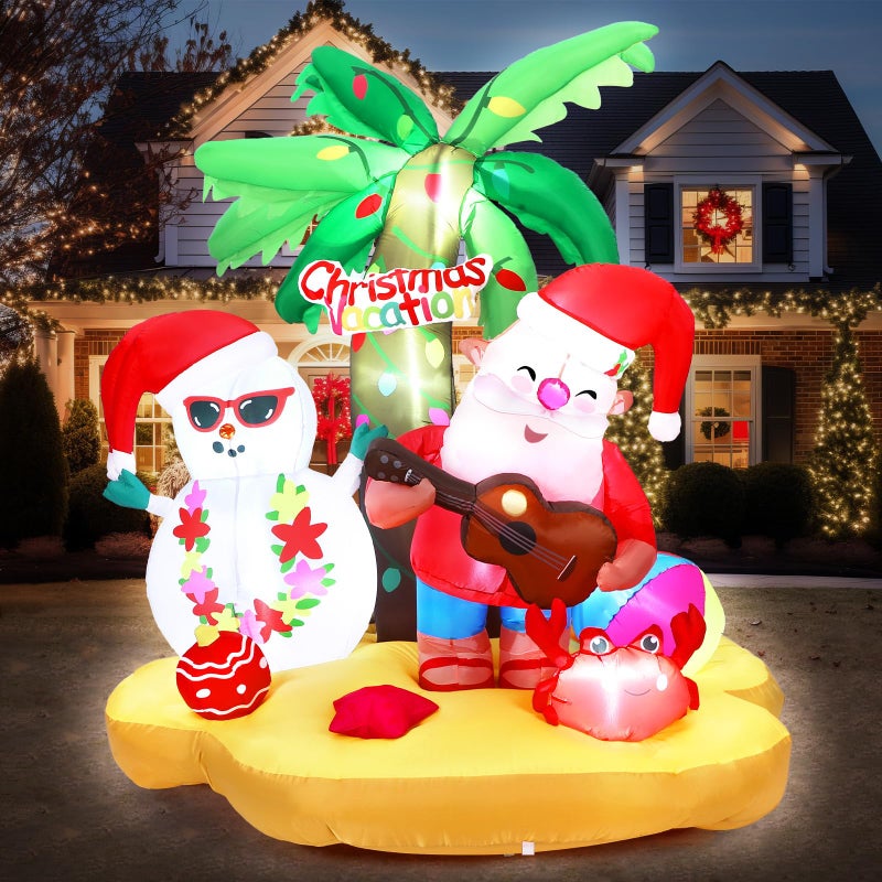 Arrowbash 7 ft Christmas in July Santa Claus Inflatable Outdoor Yard Decoration Summer Blow Up Display with Builtin LEDs Hawaiian Beach Vacation Snowman for Pool Garden Lawn Party - Image 2