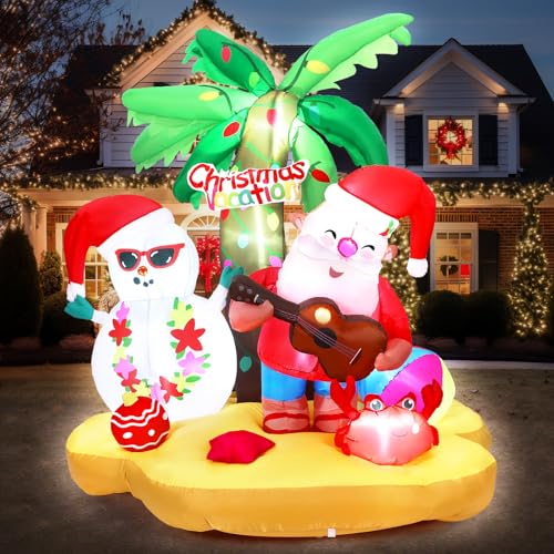 Arrowbash 7 ft Christmas in July Santa Claus Inflatable Outdoor Yard Decoration Summer Blow Up Display with Builtin LEDs Hawaiian Beach Vacation Snowman for Pool Garden Lawn Party - Image 1