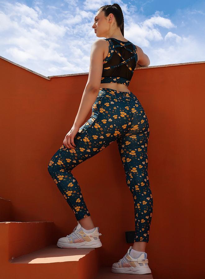 Clovia Navy Blue Floral Print High Rise Active Leggings - Image 4