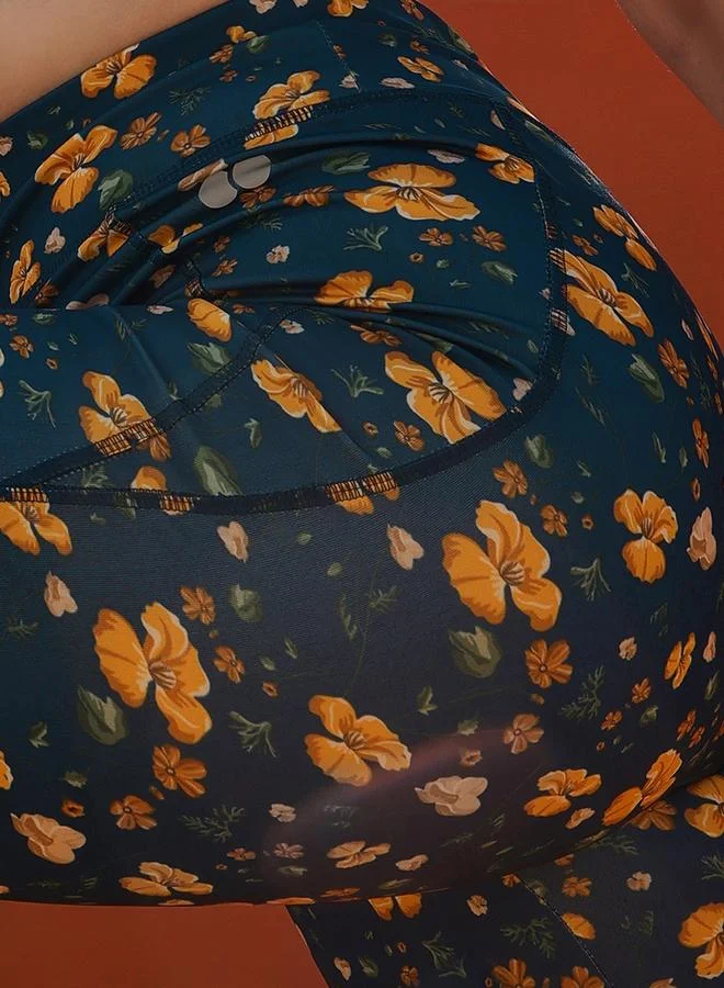 Clovia  Navy Blue Floral Print High Rise Active Leggings for Women | Best Price UAE