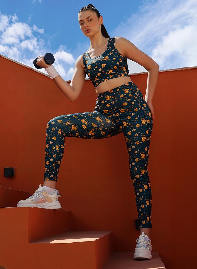 Clovia Navy Blue Floral Print High Rise Active Leggings - Image 3
