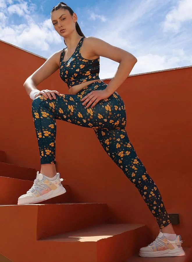 كلوفيا Navy Blue Floral Print High Rise Active Leggings