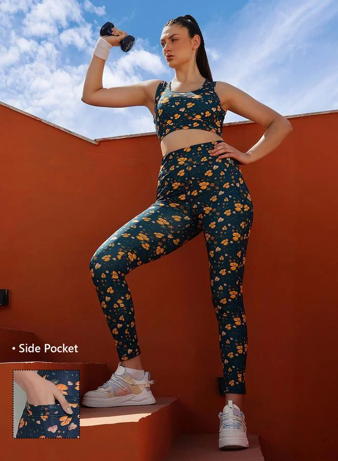 كلوفيا Navy Blue Floral Print High Rise Active Leggings