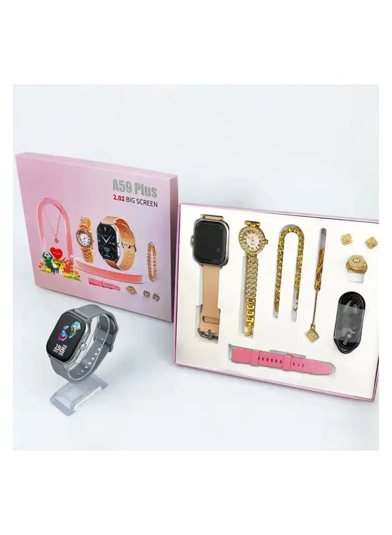 Stylish A59 Plus Smart Watch with Heart Rate Monitoring,| 260mAh Relojes Inteligentes for Girls, Trendy Gold Watch, Necklace, Bracelet, Earrings, Women's Ring Collection - Image 3
