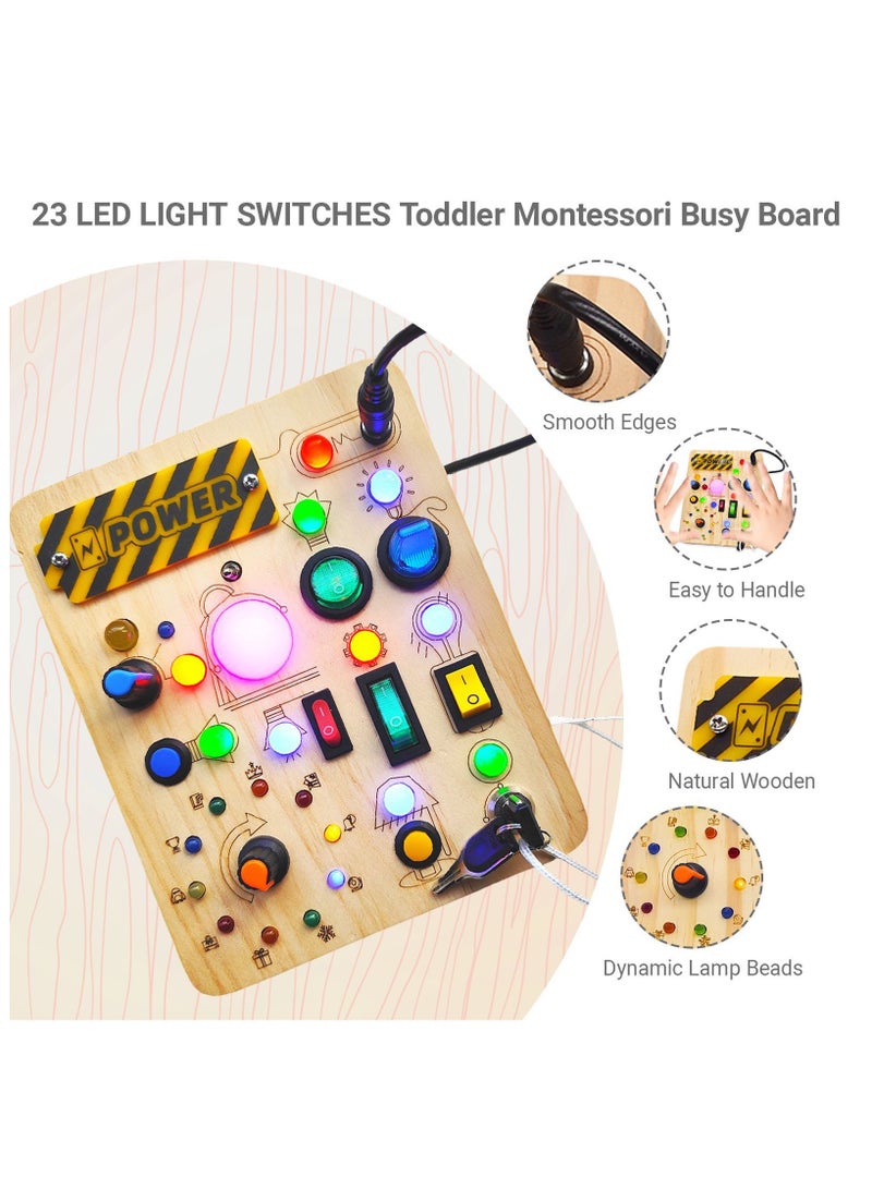 لوحة مونتيسوري النشطة مع 19 مفتاح إضاءة LED وألعاب حسية وألعاب مفاتيح إضاءة للأطفال الصغار من 1 إلى 3 سنوات، لعبة تعليمية خشبية للسفر، هدية لوحة فيدجيت للأولاد والبنات من عمر 18 شهرًا فما فوق - Image 3