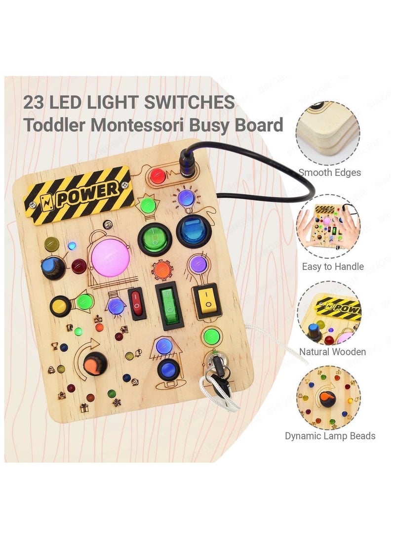 لوحة نشاطات مع 23 مصباح LED و 10 مفاتيح، ألعاب مونتيسوري خشبية حسية للأطفال الصغار، ألعاب تعليمية للتنقل وألعاب تعليمية للتوحد، هدايا أعياد ميلاد للأولاد والبنات، هدية لوحة نشاطات للأولاد والبنات من عمر 18 شهرًا فما فوق - Image 2