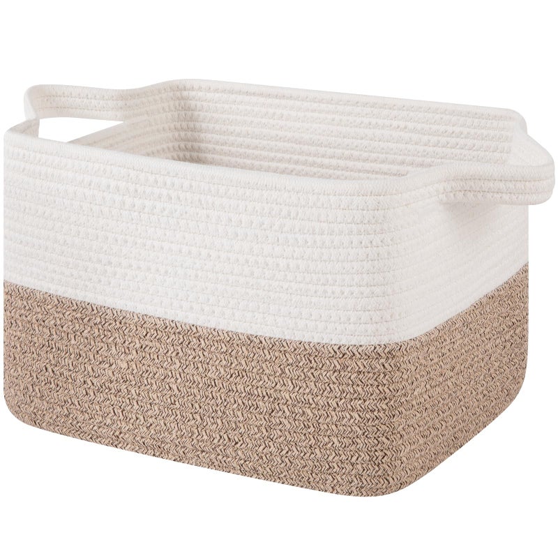 OIAHOMY Woven Storage Basket for Shelves, Rectangle Cotton Rope Baskets for Organizing, 13 x 10 x 9 in, Storage Bins for Dog Toys,Towel,Books,Gift,Brown and White - Image 1