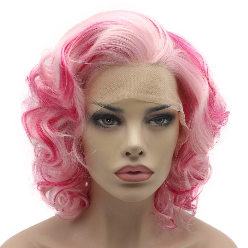 Lushy Lushy Short Two Tone Pink blonde Mix Wig Heat Friendly Heavy Density Synthetic Lace Front Wig 