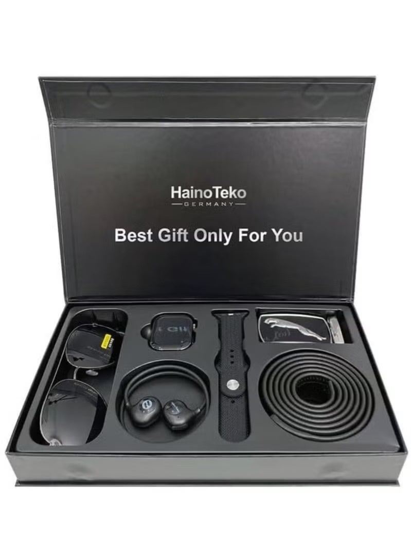 Haino Teko GP22 Valued Combo Smartwatch Gift Set for Men – Premium Gift Box with AMOLED Display Waterproof Smartwatch, Wireless Charger, Bluetooth Neckband Earphones, Stylish UV Sunglasses & Men’s Leather Belt with Jaguar Buckle – Elegant & Practical Gift Choice - Image 1