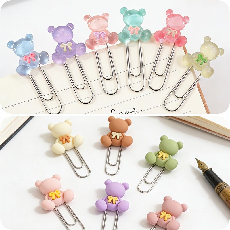 6pcs Matte Colors Transparent Bear Bookmark Paper Clips for Notebooks School Office Supplies Gifts - Image 1