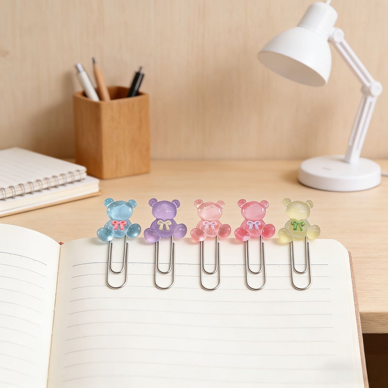 6pcs Matte Colors Transparent Bear Bookmark Paper Clips for Notebooks School Office Supplies Gifts - Image 5