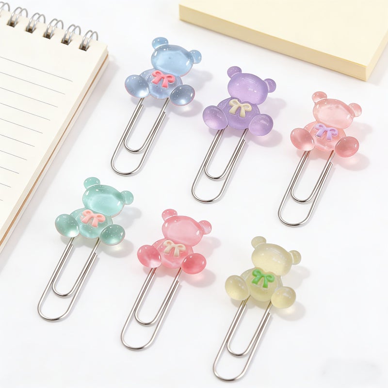 6pcs Matte Colors Transparent Bear Bookmark Paper Clips for Notebooks School Office Supplies Gifts - Image 2