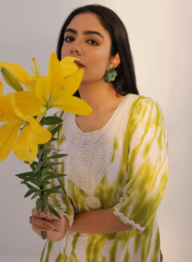 Libas Green Printed Cotton Straight Kurta and Trousers Set