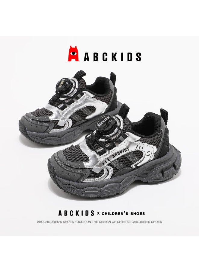 Abc Kids Boys And Girls Autumn Running Shoes Mesh Breathable Versatile Sports Shoes With Dial Buckle Fashion Casual Shoes Black Silver Size 38 - Image 1