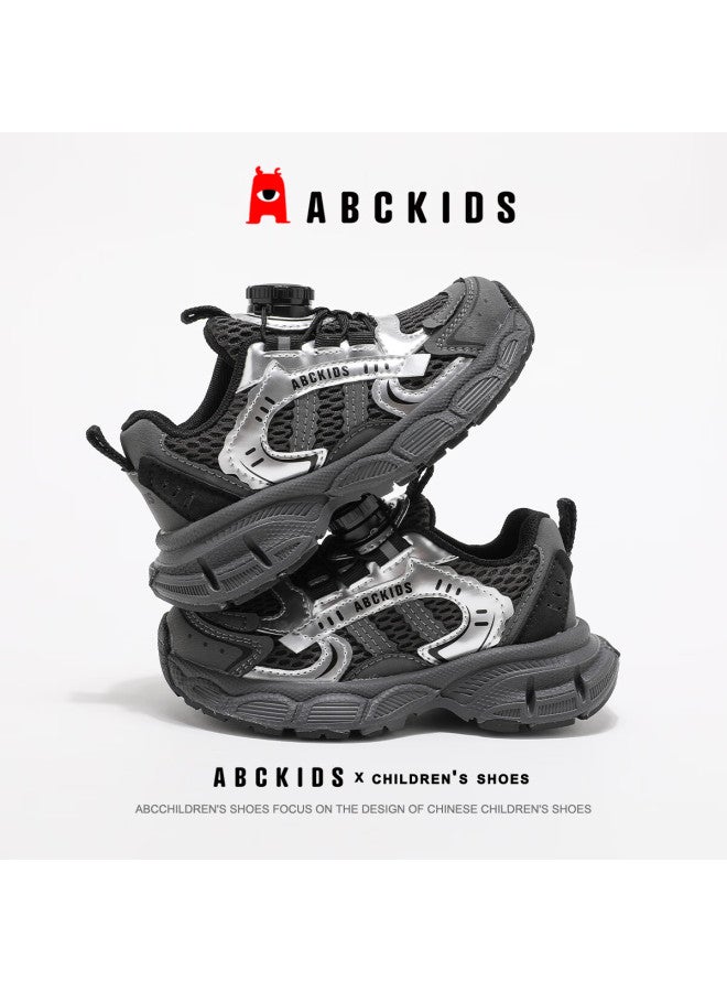 Abc Kids Boys And Girls Autumn Running Shoes Mesh Breathable Versatile Sports Shoes With Dial Buckle Fashion Casual Shoes Black Silver Size 38 - Image 3