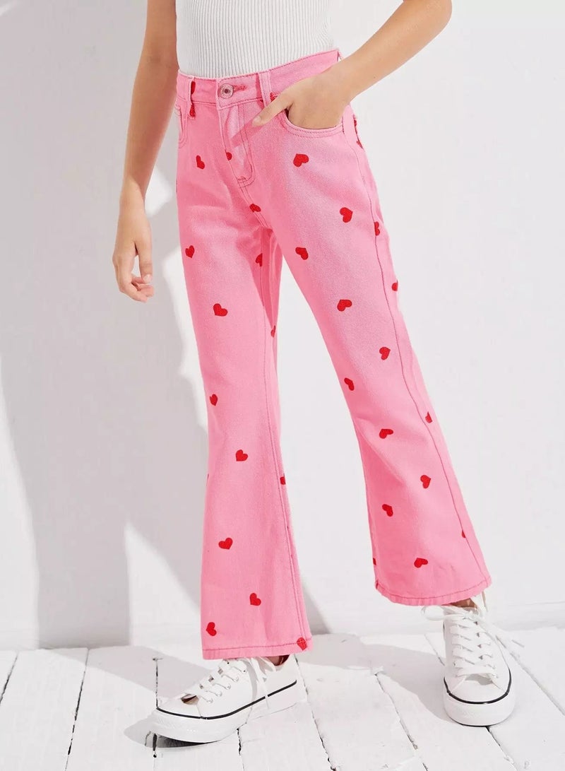 Girls Heart Print Zipper Fly Flare Leg Jeans  - Image 4