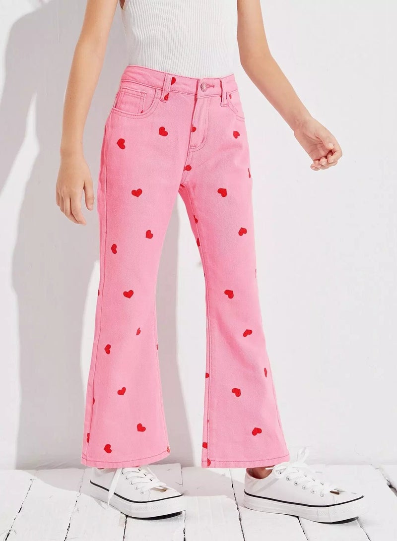 Girls Heart Print Zipper Fly Flare Leg Jeans  - Image 5