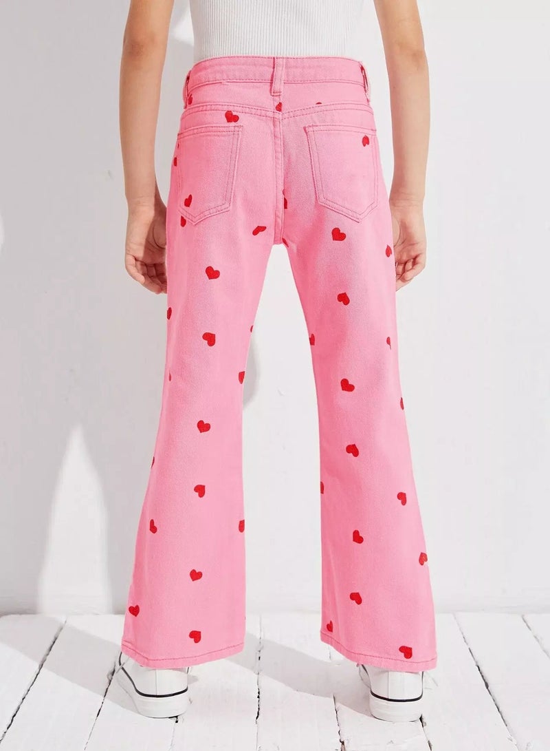 Girls Heart Print Zipper Fly Flare Leg Jeans  - Image 2